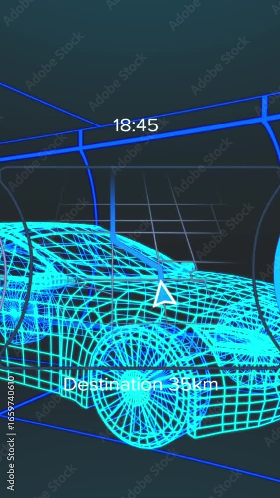 Poster animation of grid patterned car with speedometer and numbers in circles over black background