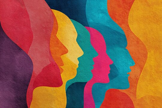 Diversity with Colorful overlapping human profiles representing unity, inclusion, and collaboration in a vibrant - Powered by Adobe
