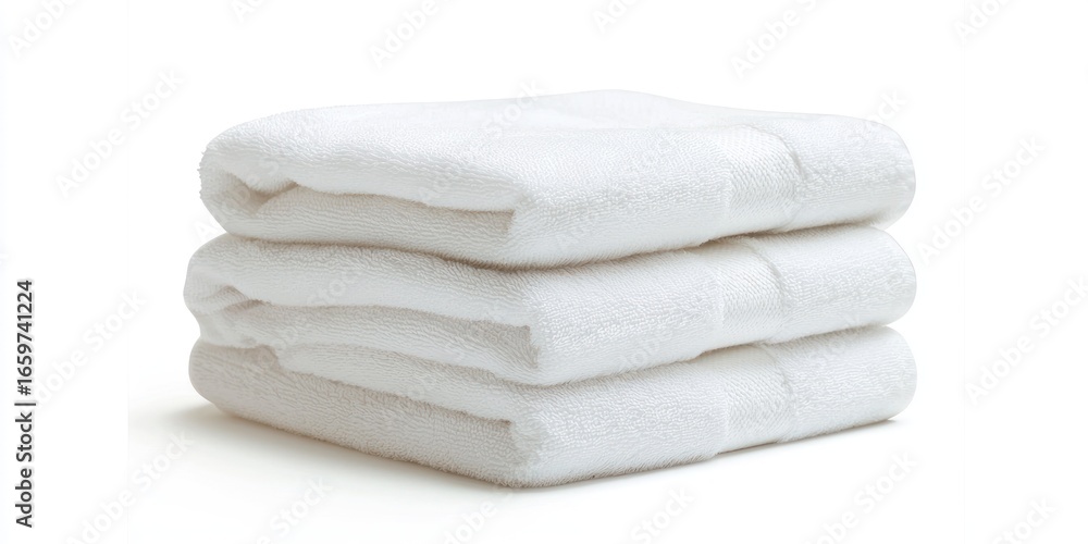 Poster a neatly stacked pile of four white towels is presented against a plain white background. the towels