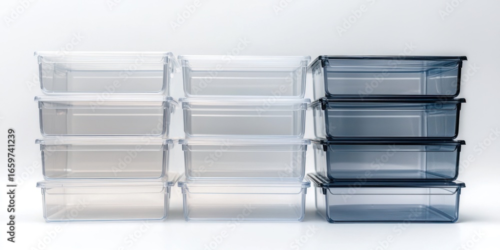 Poster a stack of clear plastic storage containers is arranged in a row on a white surface. the containers 