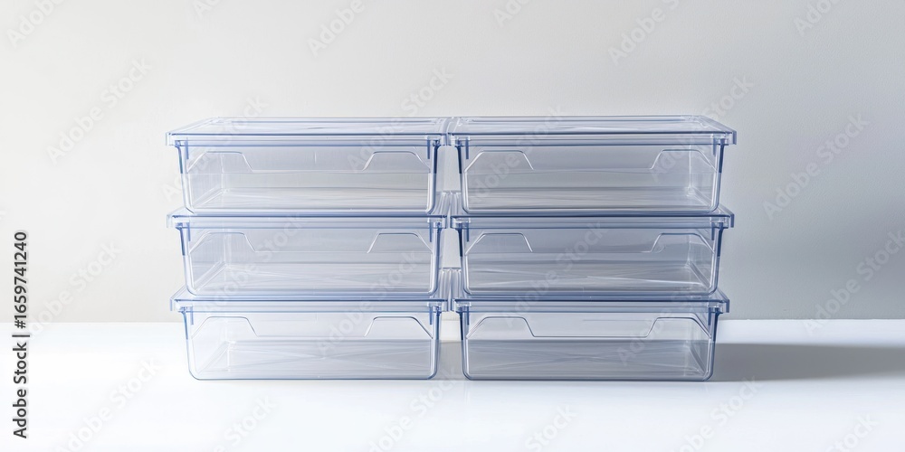 Poster six clear plastic food storage containers are stacked neatly on a white surface. the containers are 