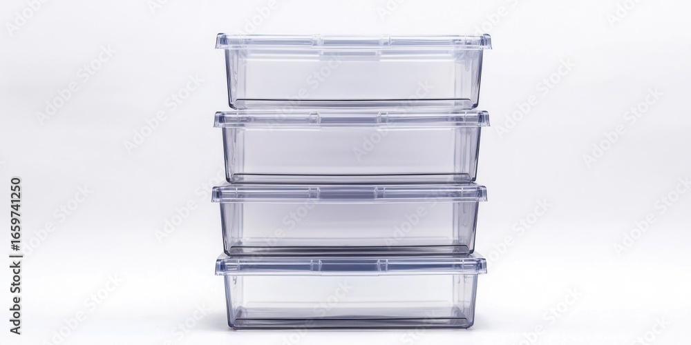 Poster four clear plastic food storage containers are stacked vertically on a white surface. the containers