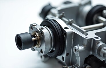 Fototapeta premium Close-up of polished chrome automotive steering rack part against clean white studio background. New mechanical component precision engineering, metallic detail, ideal for auto repair, service,