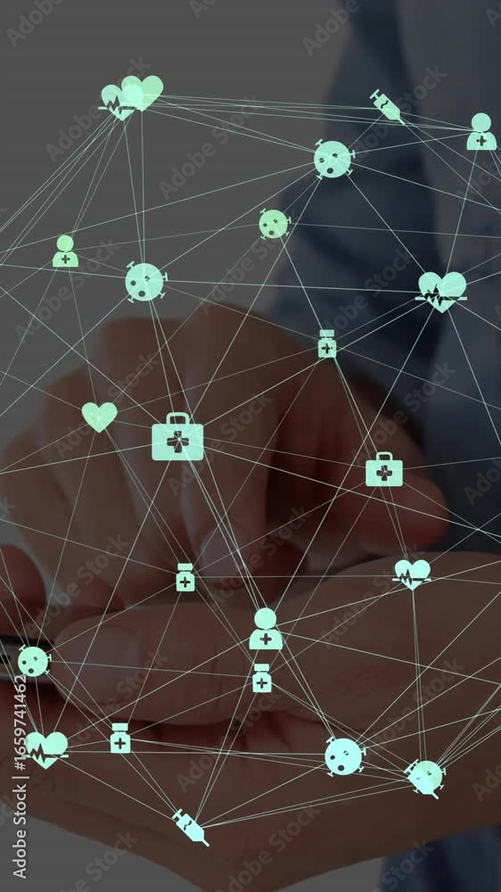 Poster animation of globe with network of connections with digital icons over woman using smartphone