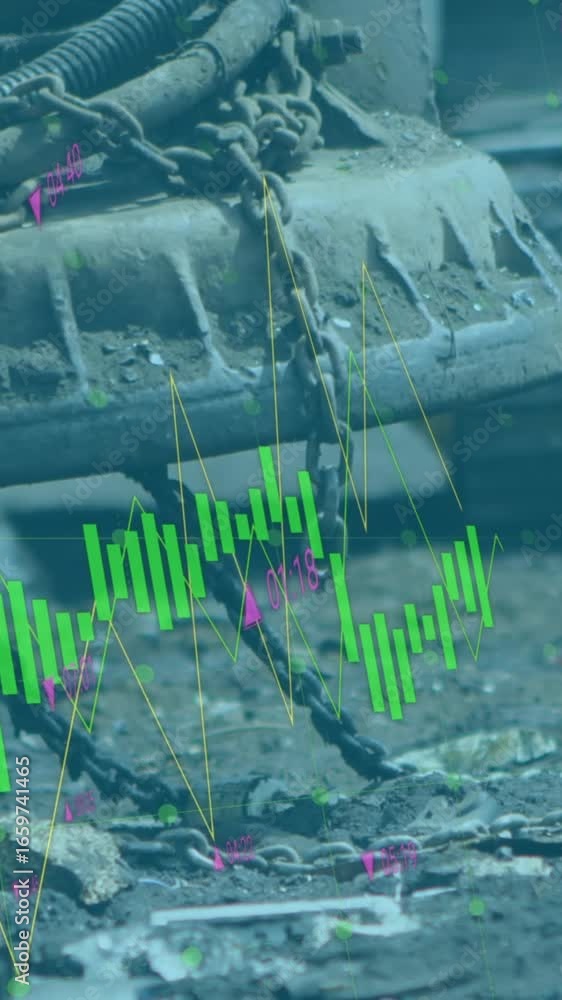 Aufkleber animation of data processing over machines segregating waste at rubbish dump