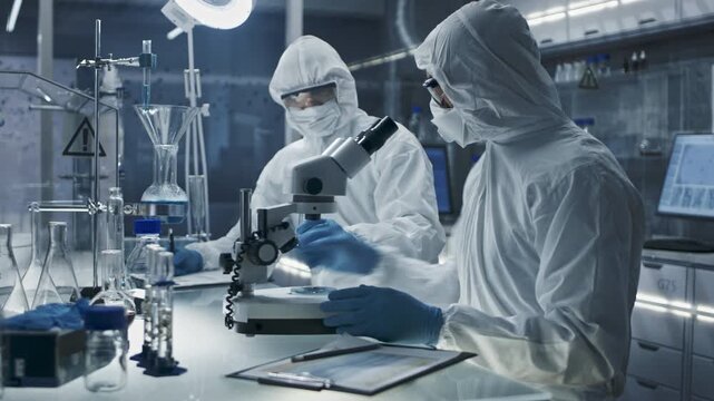 Two Scientist in Full Protective Suit Works in Sterile Lab, Examining Biological Samples with Microscope. Modern Research, Biomedical Analysis and Healthcare Innovation and Pharmaceutical Development