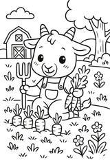 Fototapeta premium Adorable goat farmer in overalls with carrots and a pitchfork illustration