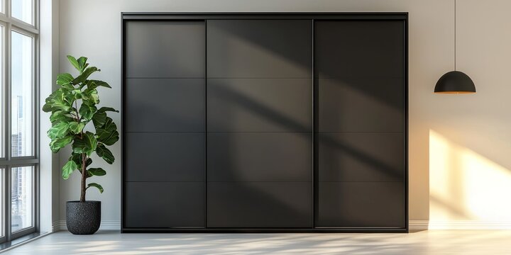 A modern bedroom features a large, dark gray sliding wardrobe with three doors. The wardrobe has a minimalist design with horizontal lines and a matte finish. A potted Ficus plant sits on the floor in