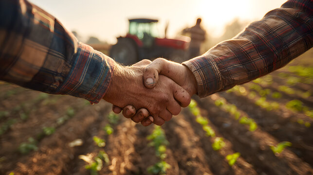 Two farmers shaking hands, farmer in office on the farm with red tractor on a sunlit background. farmer handshake, farmer shaking hands business agreement deal agriculture investment landscape farming