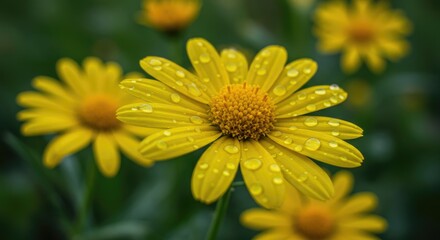 Fototapeta premium Dew-kissed Yellow Daisy, Close-up Floral Beauty