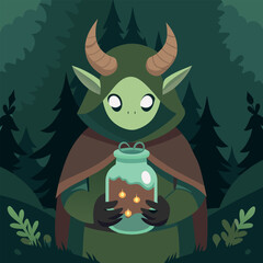 Obraz premium Vector illustration of a cute cartoon monster with a potion in a jar.