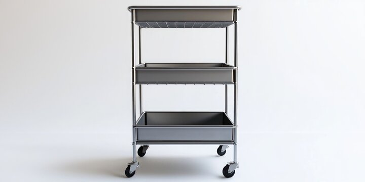 A sleek, three-tiered stainless steel cart sits on a white surface. The cart features a metal frame and wheels, providing mobility. Each shelf is lined with a dark gray, non-slip surface. 