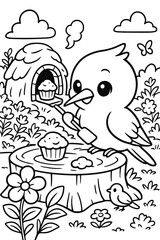 Cartoon bird preparing a cupcake in a whimsical forest scene coloring page