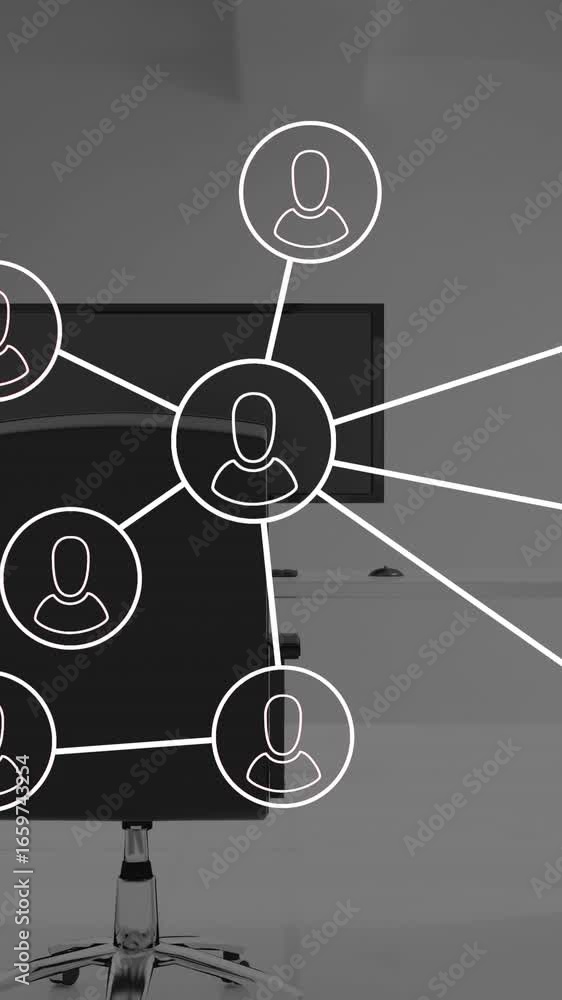 Poster animation of network of connections with icons over office desk with computer
