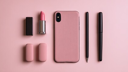 Pink lipstick, phone, pen, and erasers on a pink background