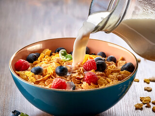 Close up view of cold milk being poured onto a bowl of breakfast cereal with raspberries and blueberries