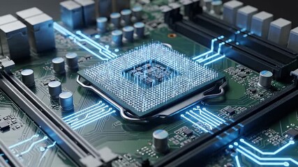 A powerful computer processor on a motherboard with glowing blue energy and data streams, representing futuristic computing and artificial intelligence. - Powered by Adobe