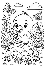 Charming bird writing with bugs reading books in a whimsical nature scene