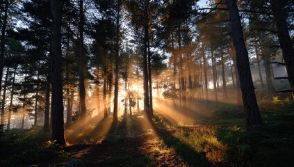Obraz premium Golden sunrise rays through misty forest