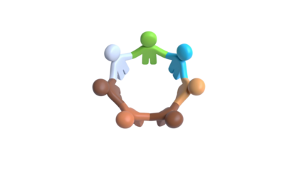 3D teamwork icon showing five human figures holding hands in a circle, symbolizing unity and collaboration, isolated on transparent background PNG