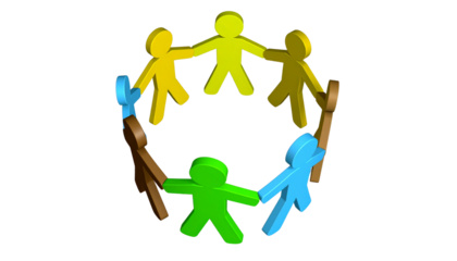 3D teamwork icon showing five human figures holding hands in a circle, symbolizing unity and collaboration, isolated on transparent background