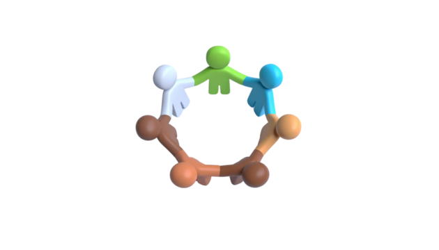 3D teamwork icon showing five human figures holding hands in a circle, symbolizing unity and collaboration, isolated on transparent background PNG
