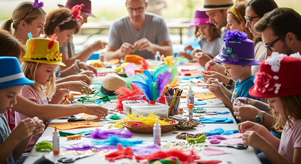 Families engaged in a vibrant craft activity, decorating hats with colorful feathers and embellishments.