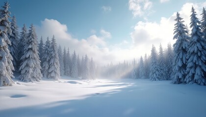 Obraz premium Aethereal snowy forest glade view, sunlight filtering through branches. Serene winter nature scene, calmness. Magical covered in snow. Shadows accent pristine cold landscape. Tranquil scenic