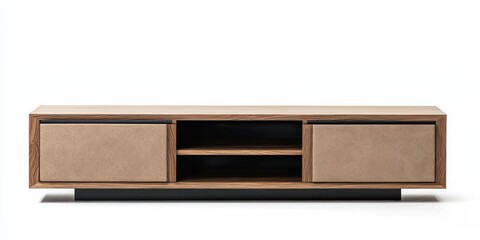 A modern wooden media console sits on a white surface. The console features a sleek, rectangular design with a light brown wood finish.