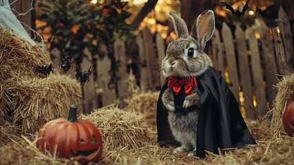 Adorable rabbit in halloween cape amidst festive pumpkins and autumn decor in garden setting
