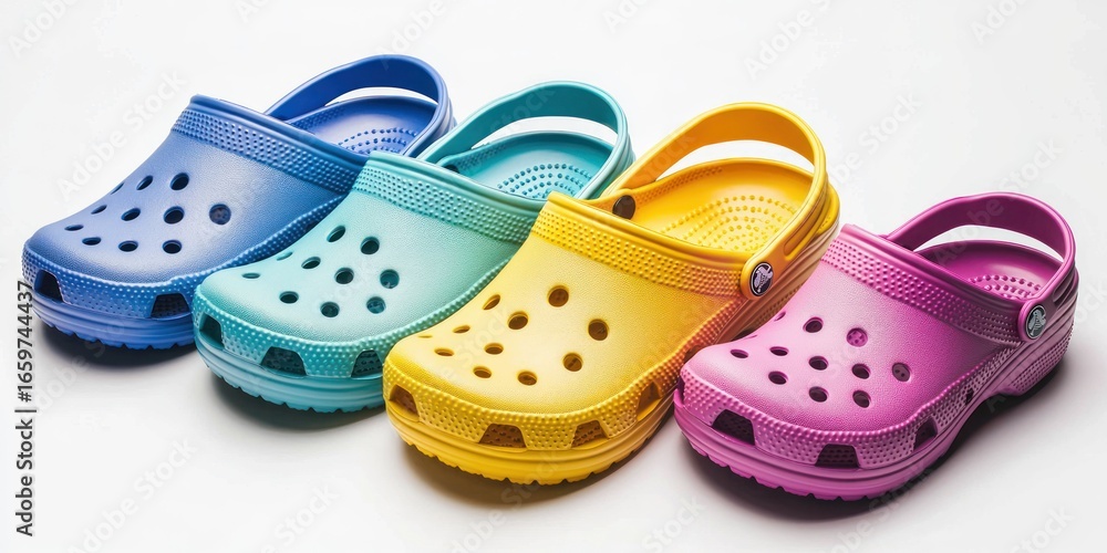 Poster a group of crocs sandals are arranged in a row on a white surface. the sandals are in various vibran