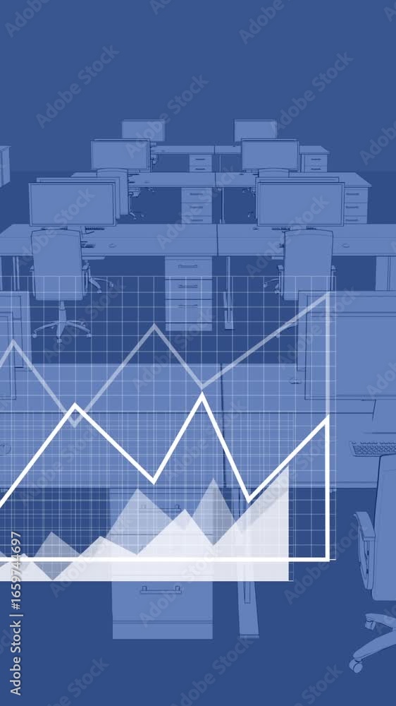 Poster animation of screens with data processing against 3d office model
