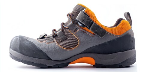A side view of a gray and orange work shoe with velcro straps. The shoe has a gray upper, an orange tongue, and a gray sole.