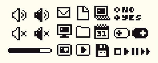 A collection of retro pixelated user interface icons. Creative digital assets for web and app design with a nostalgic 90s aesthetic for your DIY digital projects