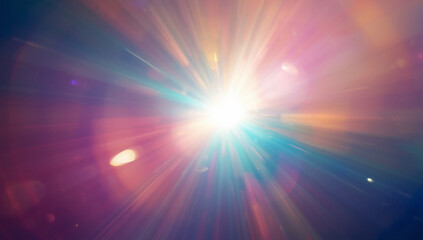 Bright lens flare radiates vibrant multicolored light beams against a dark, cosmic-like background offering copy space for design.