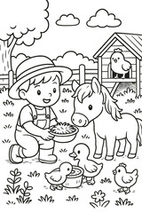 Coloring page features child feeding farm animals in rural landscape vector