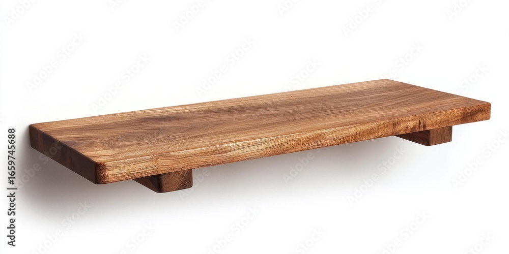 Poster a rectangular wooden shelf is mounted on a white wall. the shelf is made of a dark, rich-toned wood 