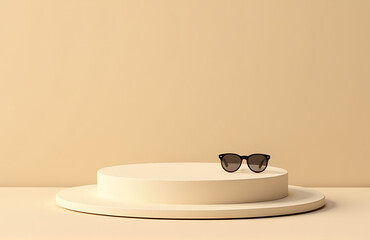 minimalist podium sand beige backdrop tiny sunglasses edge restrained