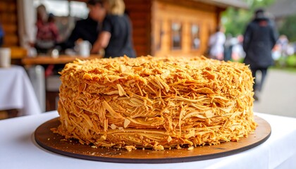 Large, caramel-covered cake on a table