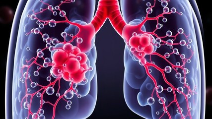  Realistic depiction of alveoli in the lungs, oxygen molecules diffusing into blood vessels.
