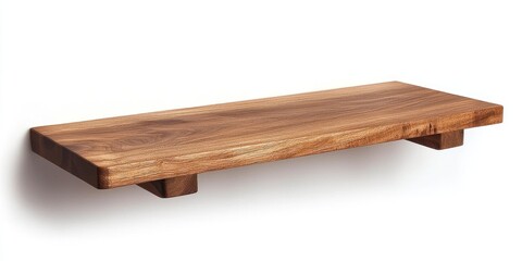 A rectangular wooden shelf is mounted on a white wall. The shelf is made of a dark, rich-toned wood with visible grain patterns and knots. It has a simple, modern design with two small, 