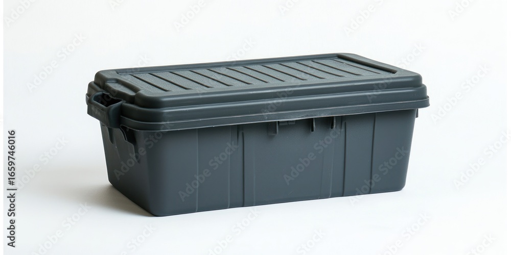 Poster a gray plastic storage container sits on a white surface. the container has a hinged lid with a text