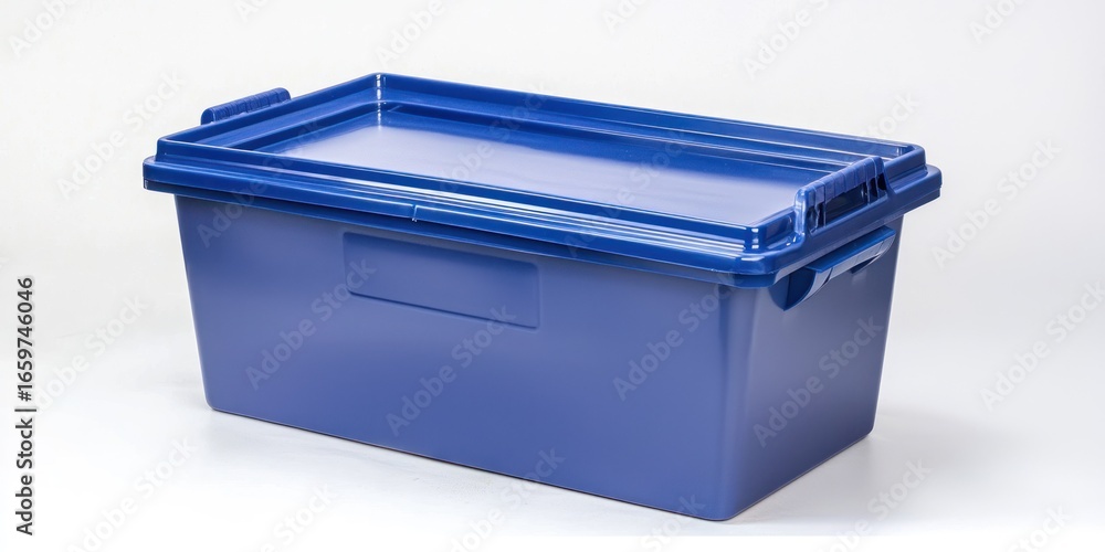 Poster a bright blue plastic storage container sits on a white surface. the container has a rectangular sha