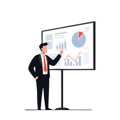 Fototapeta premium A focused businessman intently observes data on a large screen, depicted in a clean 2D flat vector illustration with minimalist solid colors and crisp lines, isolated on a pure white background.