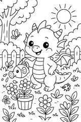 Cute baby dragon watering flowers in a garden under the summer sun