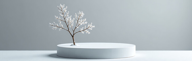Obraz premium minimalist podium pale slate base single dried branch hoarfrost minimalist winter