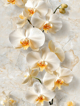 White Orchid Flowers Blooming Botanical Arrangement Vibrant Graceful Elegant Floral Decoration Natural Freshness Spring Serene Scenic Garden Texture Pure Ornament Background Traditional Style