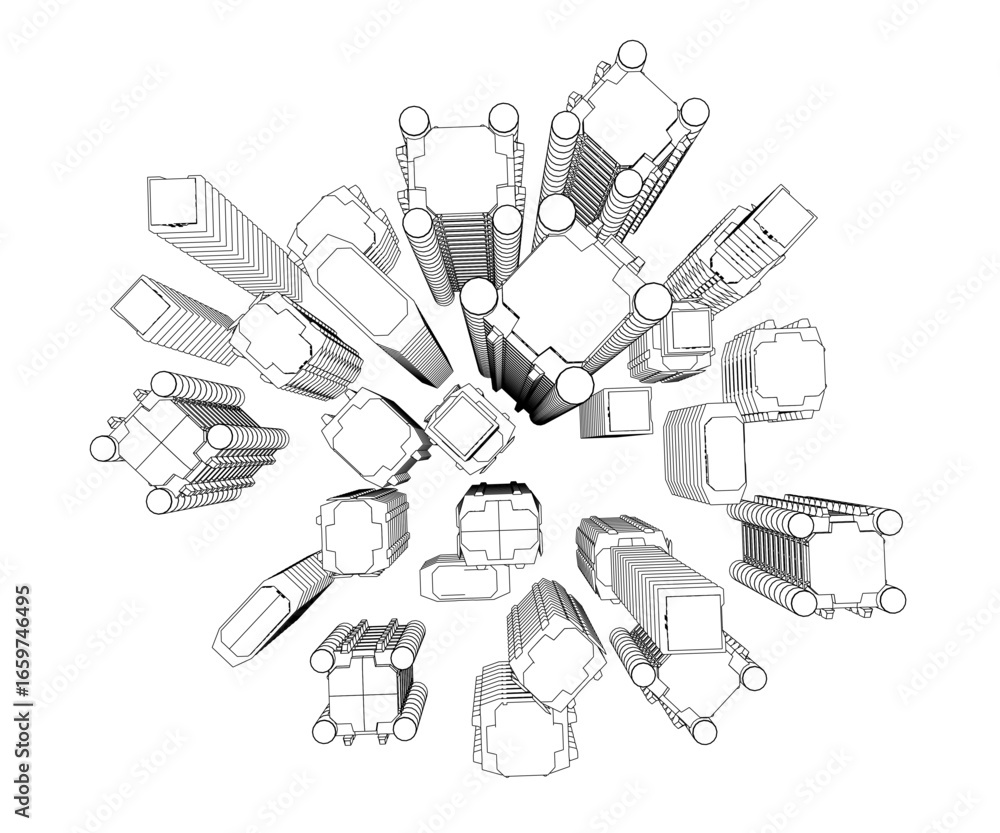 Poster a sci-fi city contour in black and white, composed of various nuts arranged in a circular pattern on