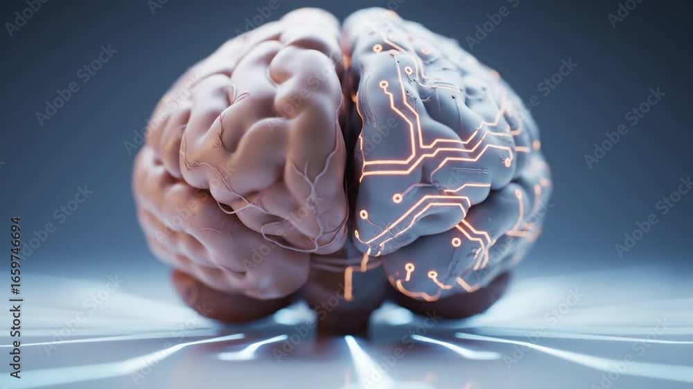 Poster anatomical brain with artificial intelligence circuitry on gray gradient background