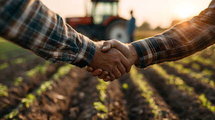 Two farmers shaking hands, farmer in office on the farm with red tractor on a sunlit background. farmer handshake, farmer shaking hands business agreement deal agriculture investment landscape farming